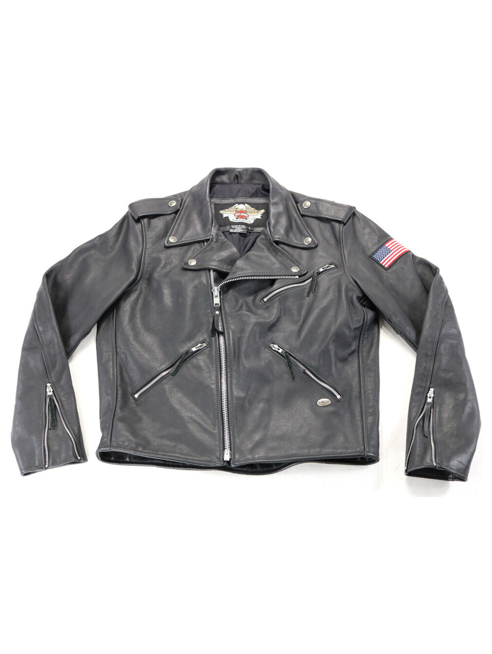 vintage harley davidson jacket L black leather USA flag Basic Skins Rider bar